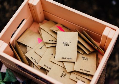 Confetti in envelopes stamped with "make it rain"