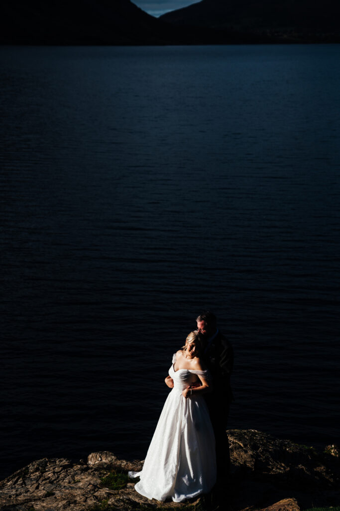Lake District wedding photos at Crummock water in the afternoon sun